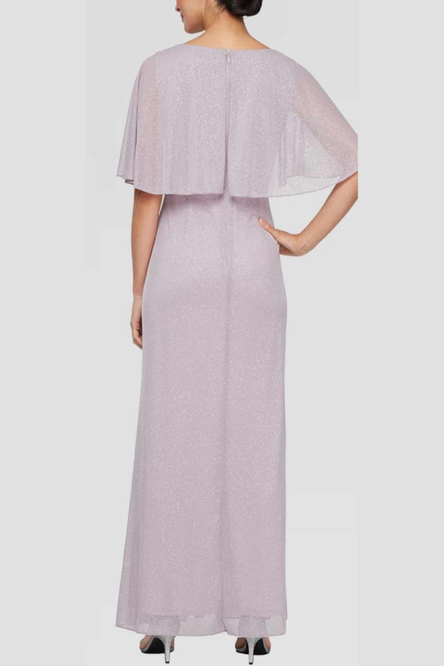 SLNY Mauve Shimmer Beaded Shoulder Flutter-Sleeve Evening Gown
