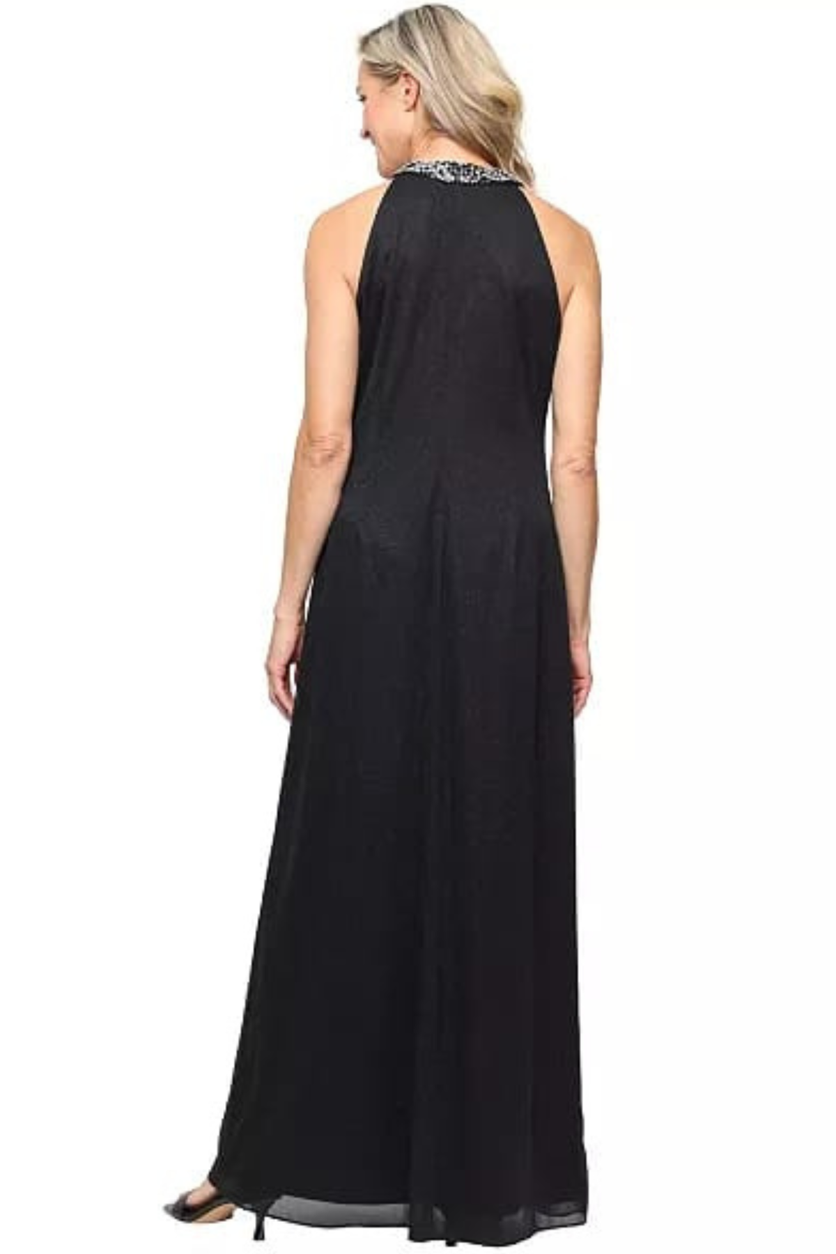 SLNY Black Beaded Neckline Front-Cascade Evening Dress