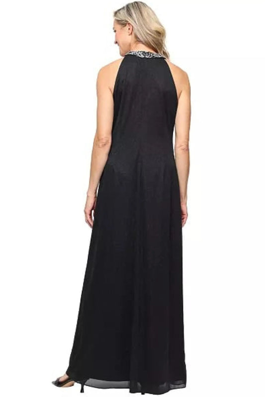 SLNY Black Beaded Neckline Front-Cascade Evening Dress