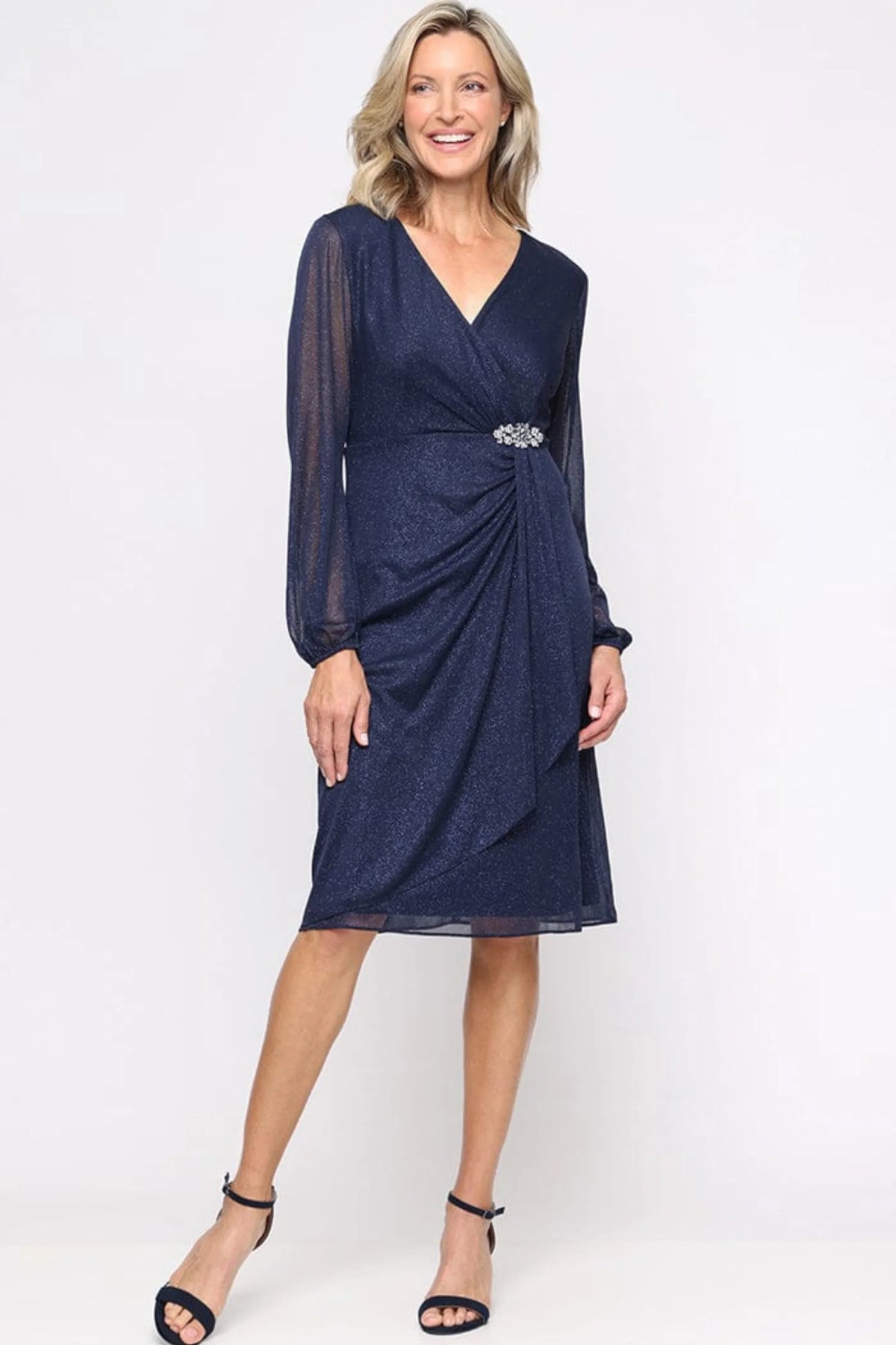 SLNY Navy Metallic Shimmer Long-Sleeve Faux-Wrap Party Dress