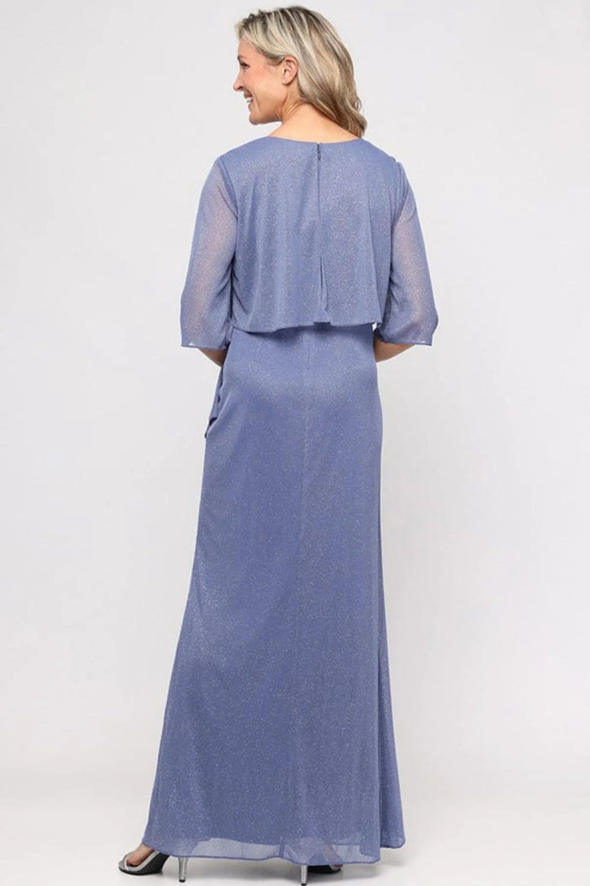 SLNY Dusty Blue Shimmer Beaded Neckline Capelet Evening Dress