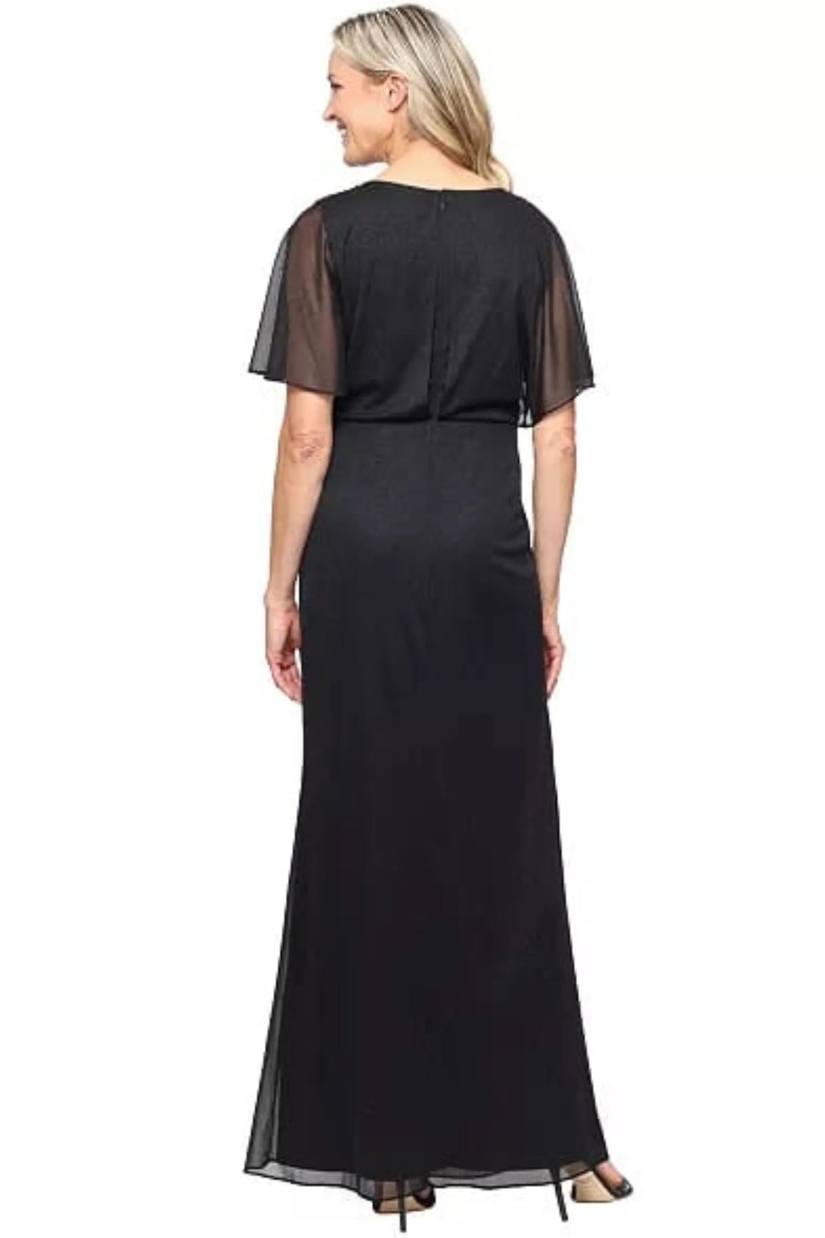 SLNY Black Shimmer Beaded Shoulder Flutter-Sleeve Evening Dress