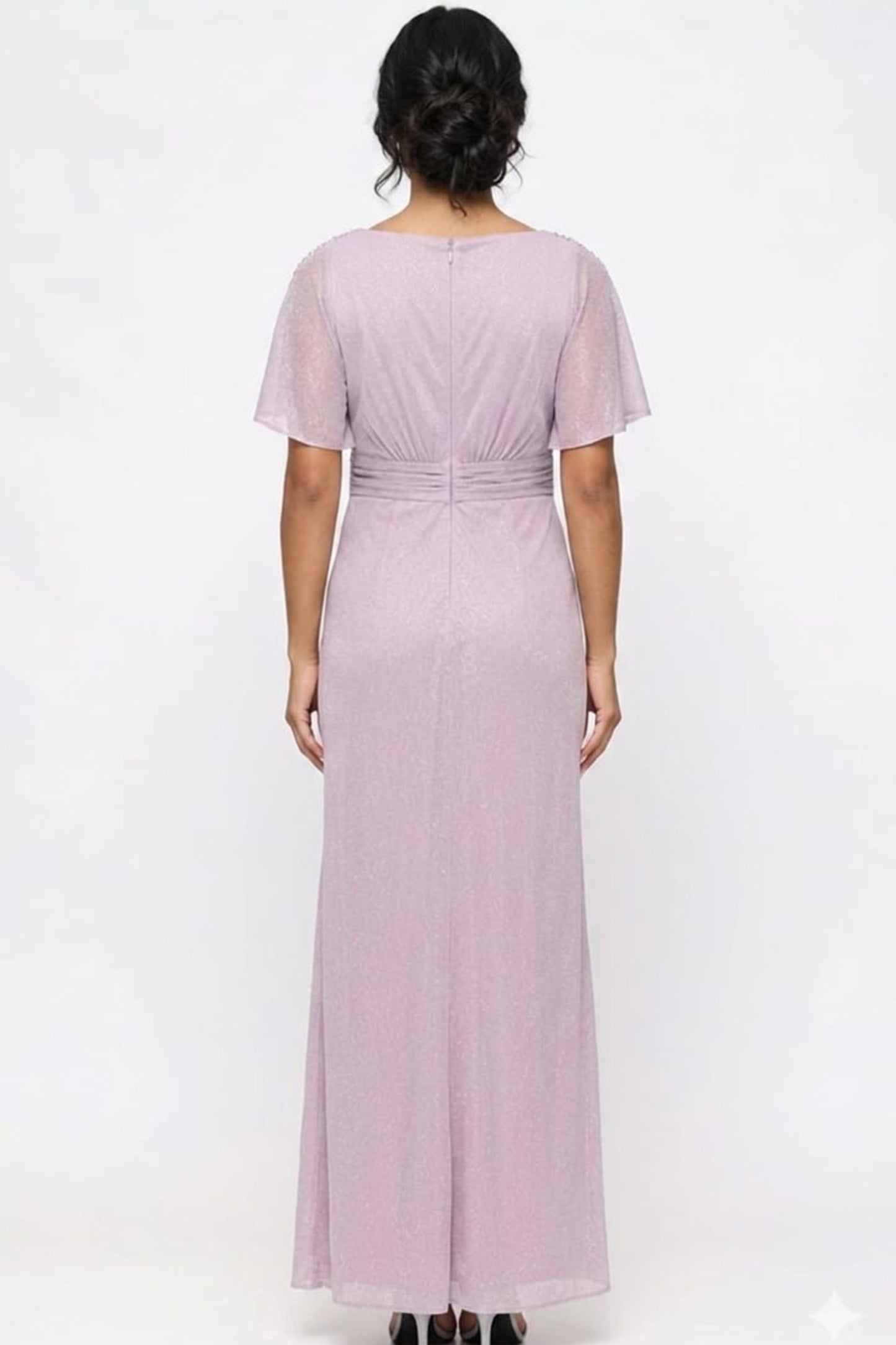 SLNY Mauve Metallic Flutter-Sleeve Gown