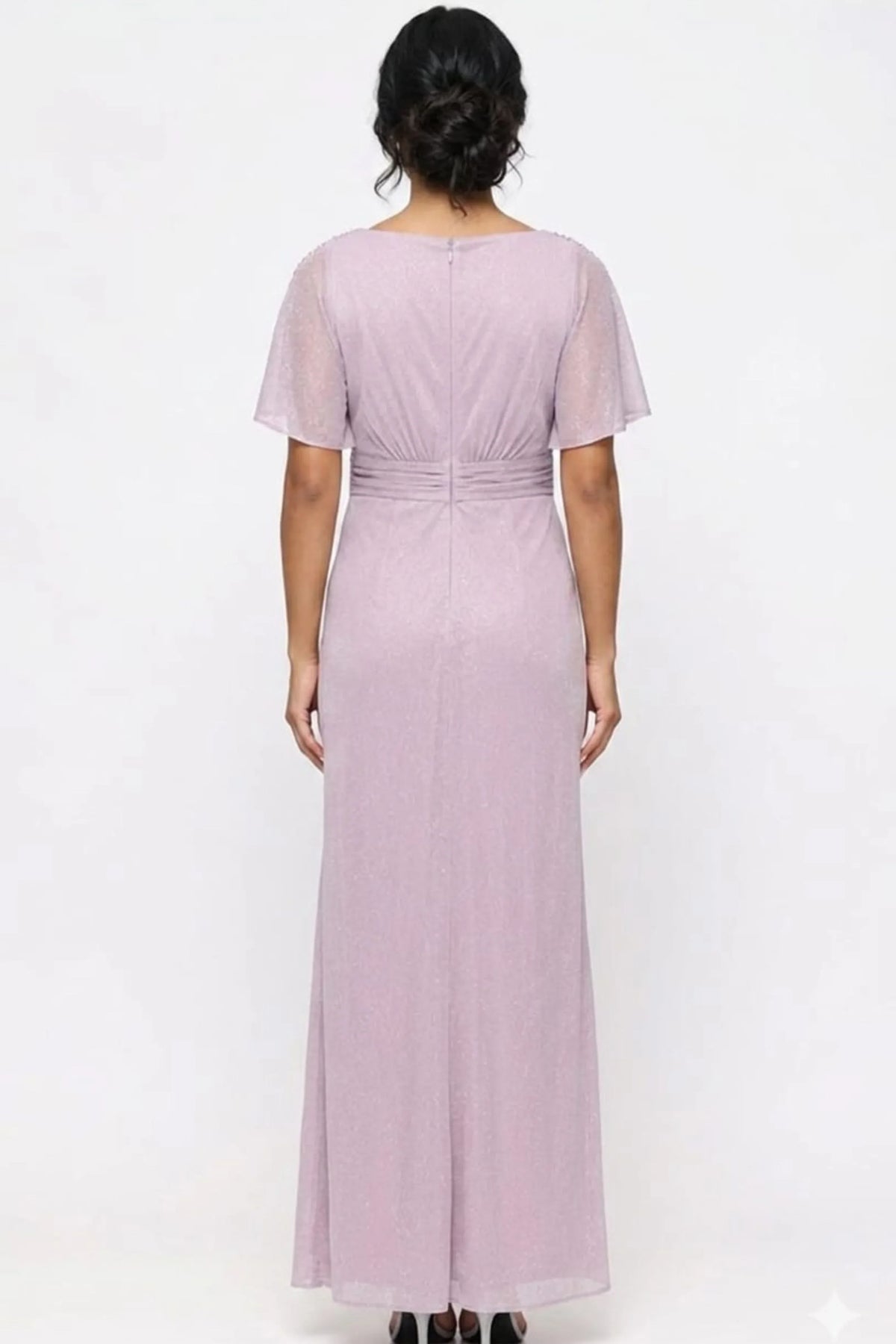 SLNY Mauve Metallic Flutter-Sleeve Gown