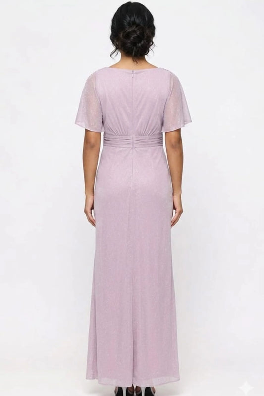 SLNY Mauve Metallic Flutter-Sleeve Gown