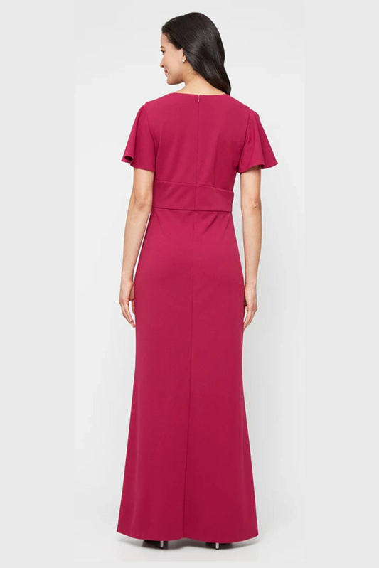 SLNY Cassis Flutter-Sleeve Ruffle Slit Evening Gown