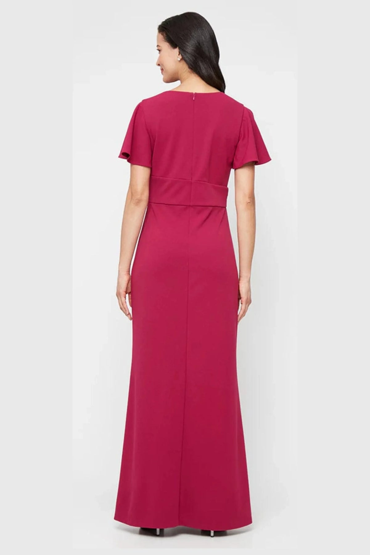 SLNY Cassis Flutter-Sleeve Ruffle Slit Evening Gown