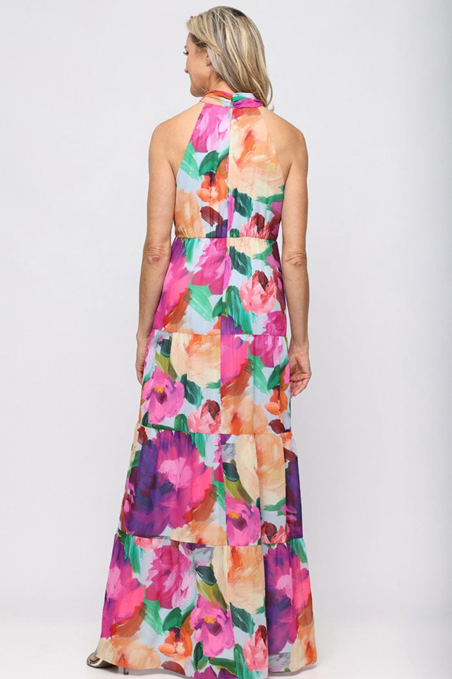 SLNY Magenta Multi Floral Tiered Halter Maxi Evening Gown