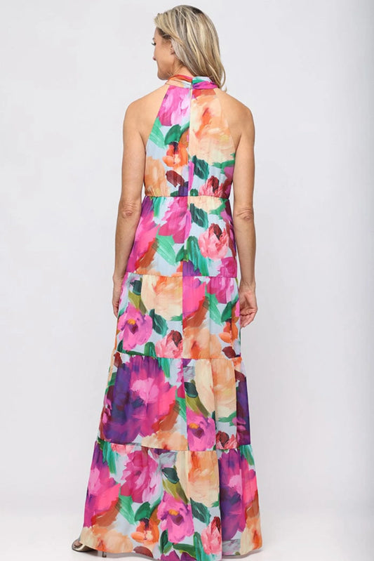 SLNY Magenta Multi Floral Tiered Halter Maxi Evening Gown