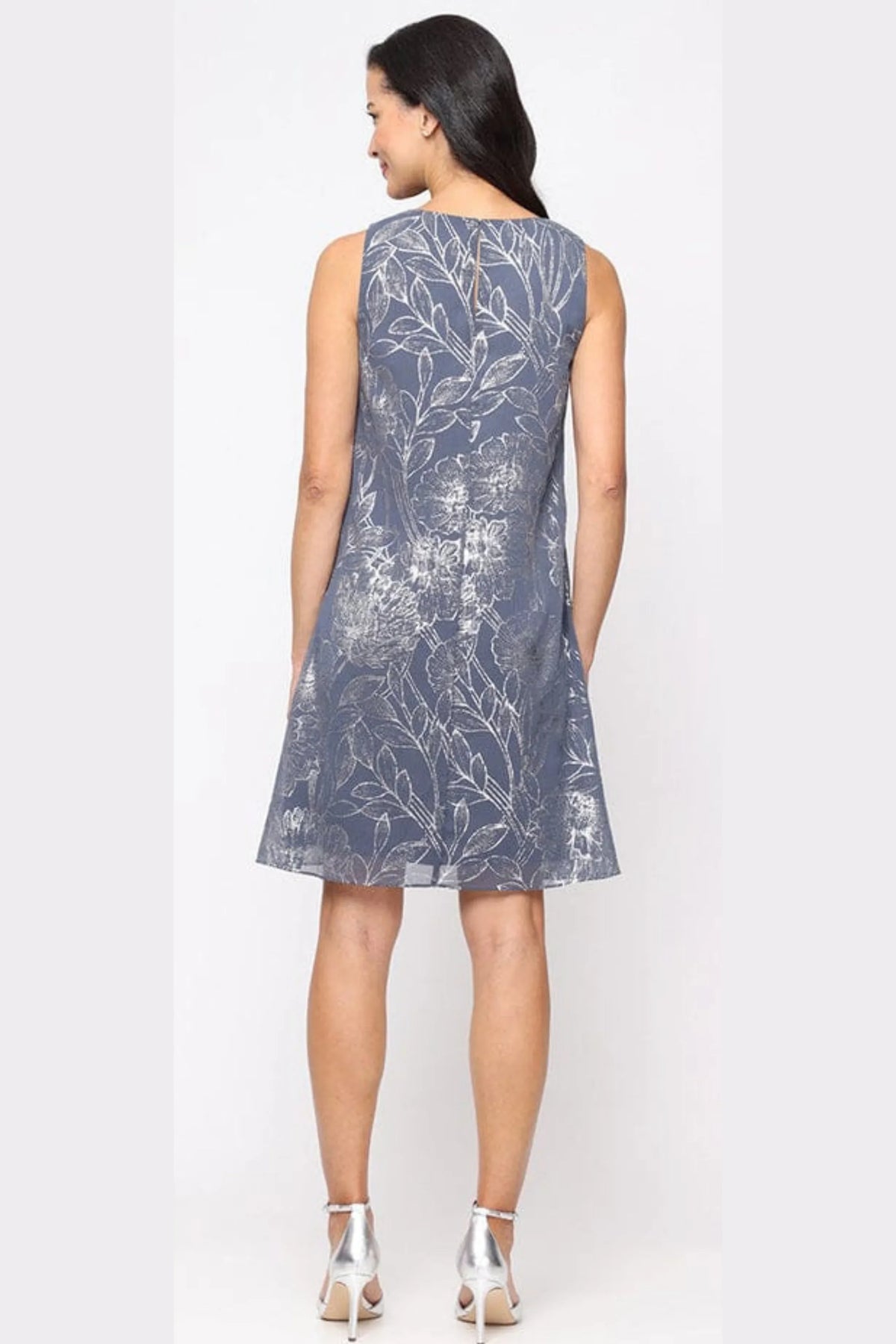 SLNY Steel Blue Foil Floral Print Shift Dress with Chiffon Jacket