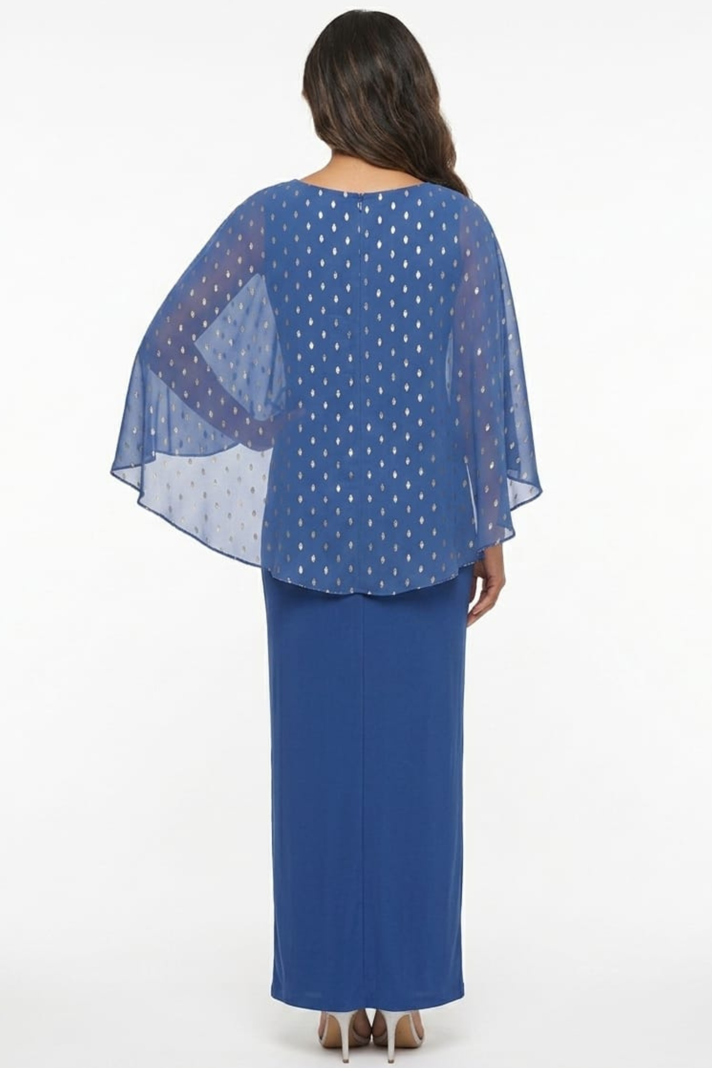 SLNY Dark Blue Metallic Metallic-Dot Metallic Capelet Evening Dress