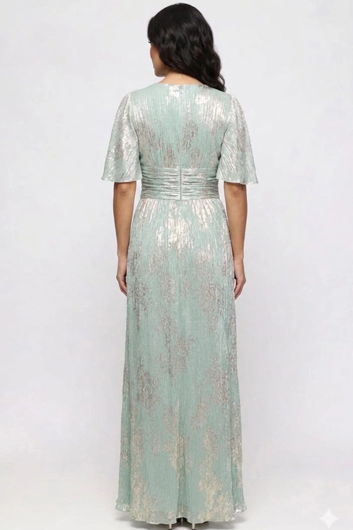 SLNY Sage & Gold Metallic Flutter-Sleeve Gown