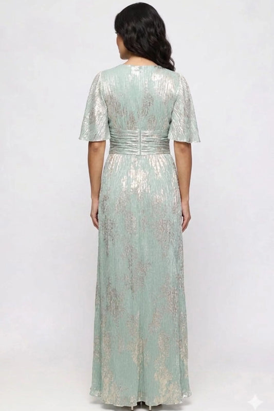 SLNY Sage & Gold Metallic Flutter-Sleeve Gown