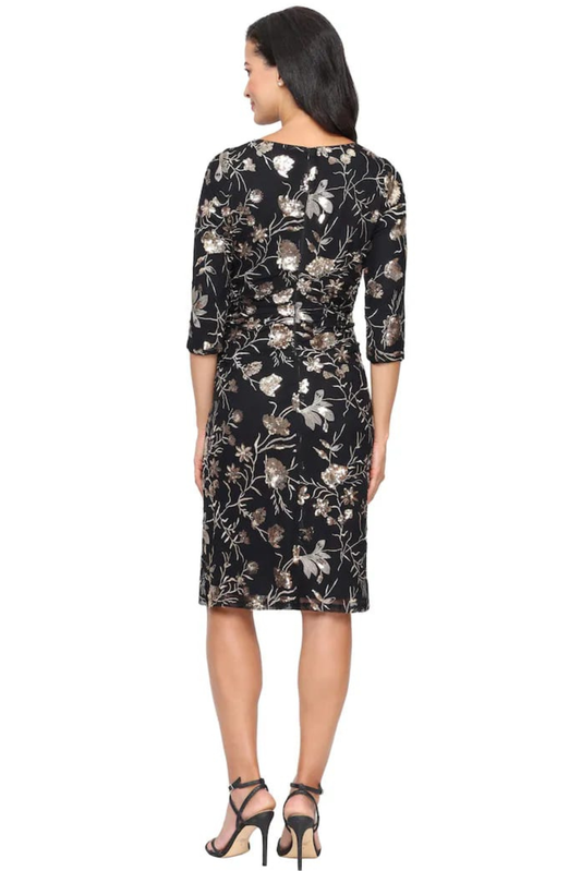 SLNY Black Champagne Sequin Floral Embroidered 3/4-Sleeve Party Dress