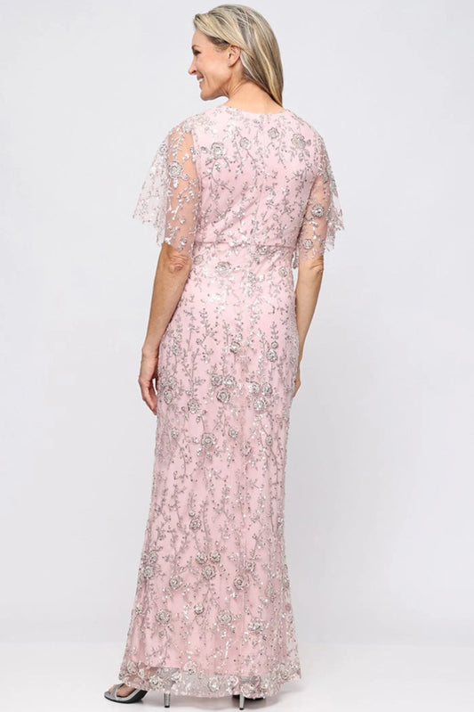 SLNY Blush Pink Floral Embroidered Flutter-Sleeve Evening Gown
