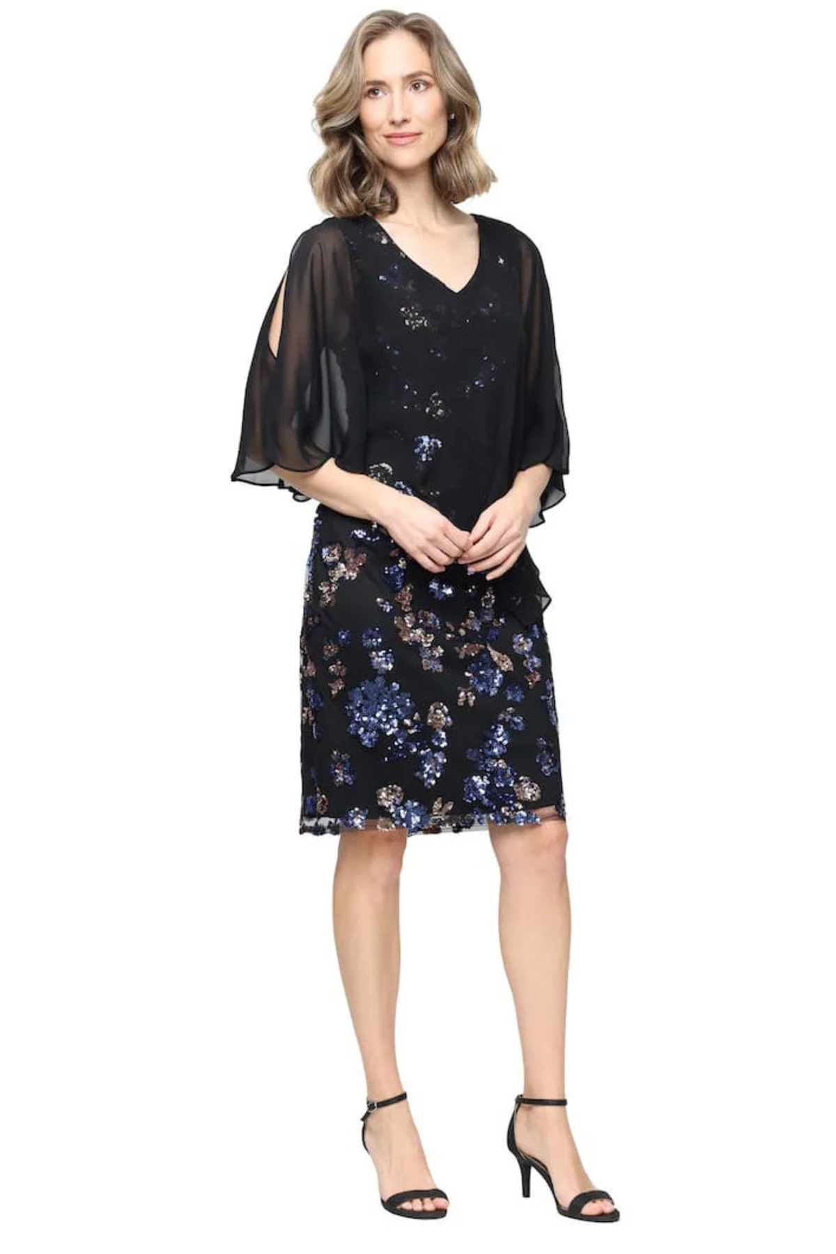 SLNY Black Blue Sequin Floral Cold-Shoulder Chiffon Shift Evening Dress