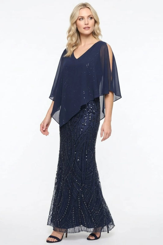 SLNY Navy Sequined Gown with Chiffon Capelet