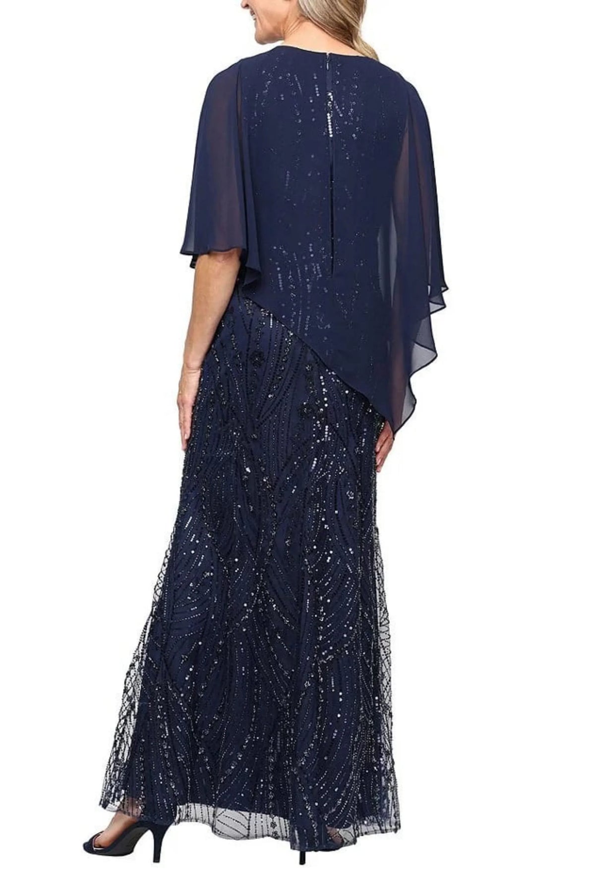 SLNY Navy Sequined Gown with Chiffon Capelet