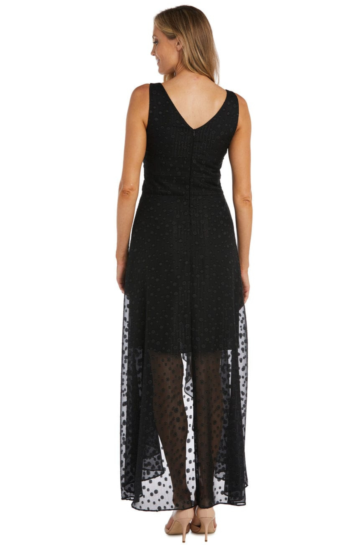 R&M Richards Black Rhinestone-Buckle Polka Dot High-Low Evening Gown