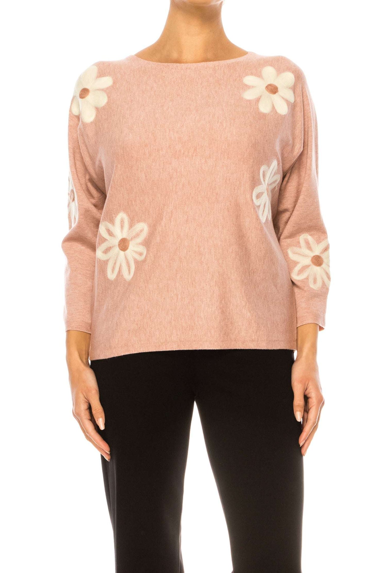 Aaeda Long Sleeve Flower Motif Pullover Sweater