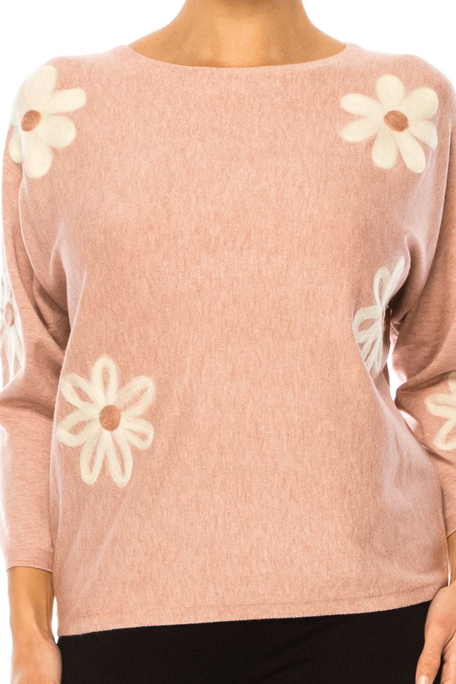 Aaeda Long Sleeve Flower Motif Pullover Sweater