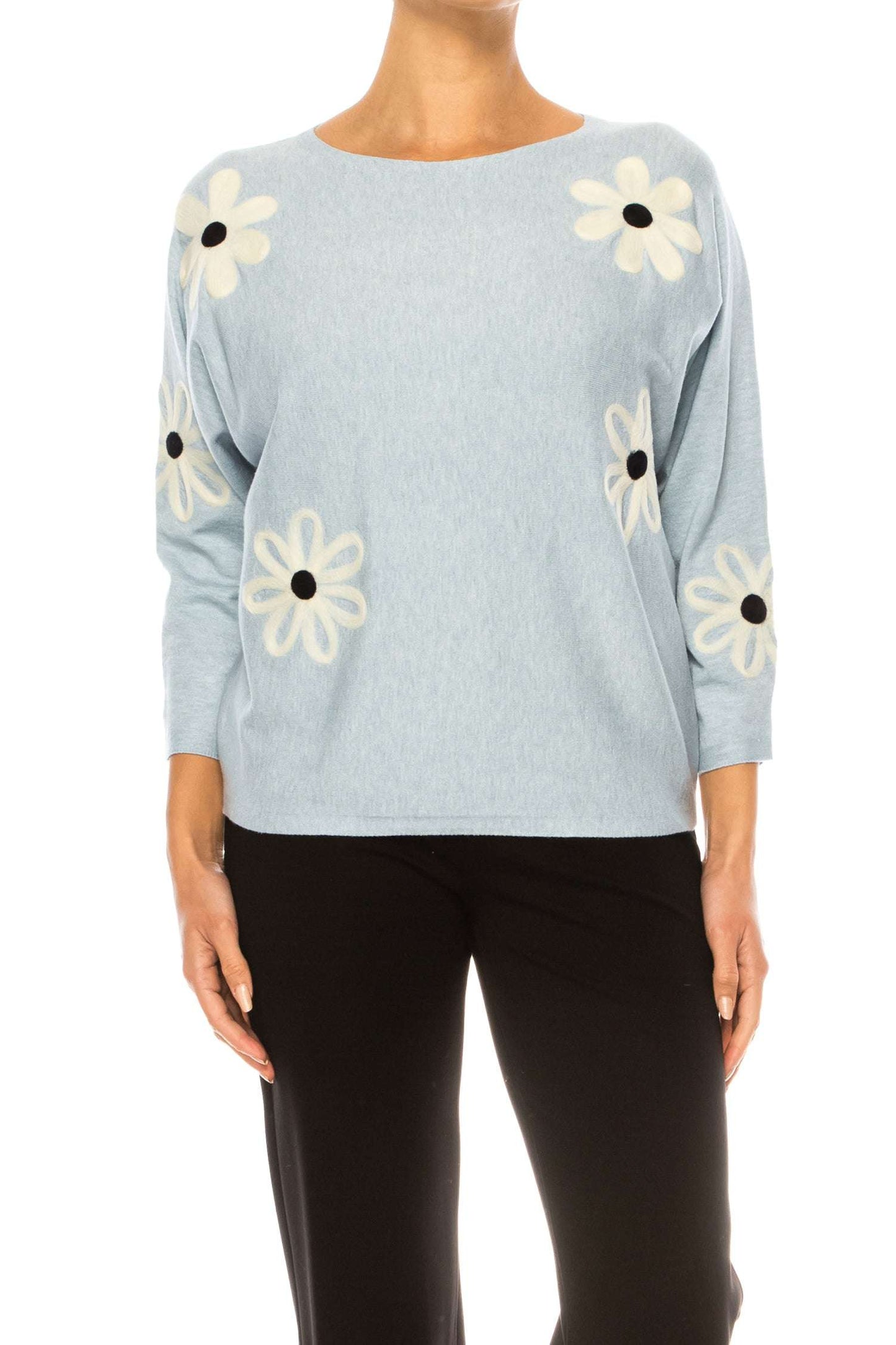 Aaeda Long Sleeve Flower Motif Pullover Sweater