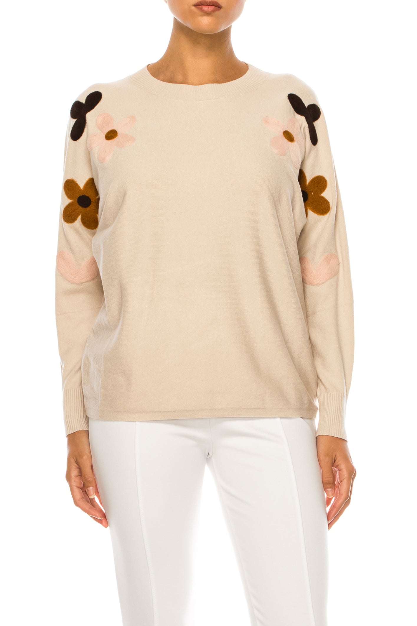 Aaeda Flower Detail Long Sleeve Pullover Sweater