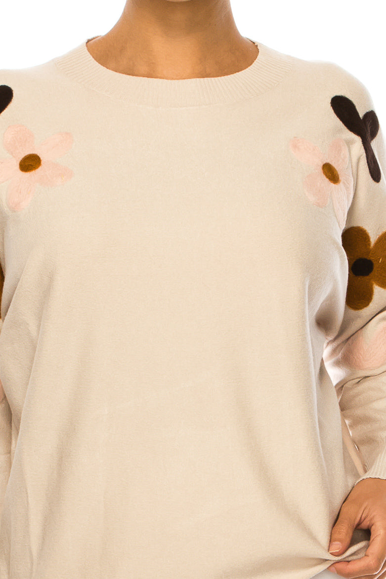 Aaeda Flower Detail Long Sleeve Pullover Sweater