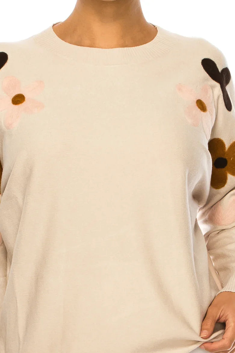 Aaeda Flower Detail Long Sleeve Pullover Sweater