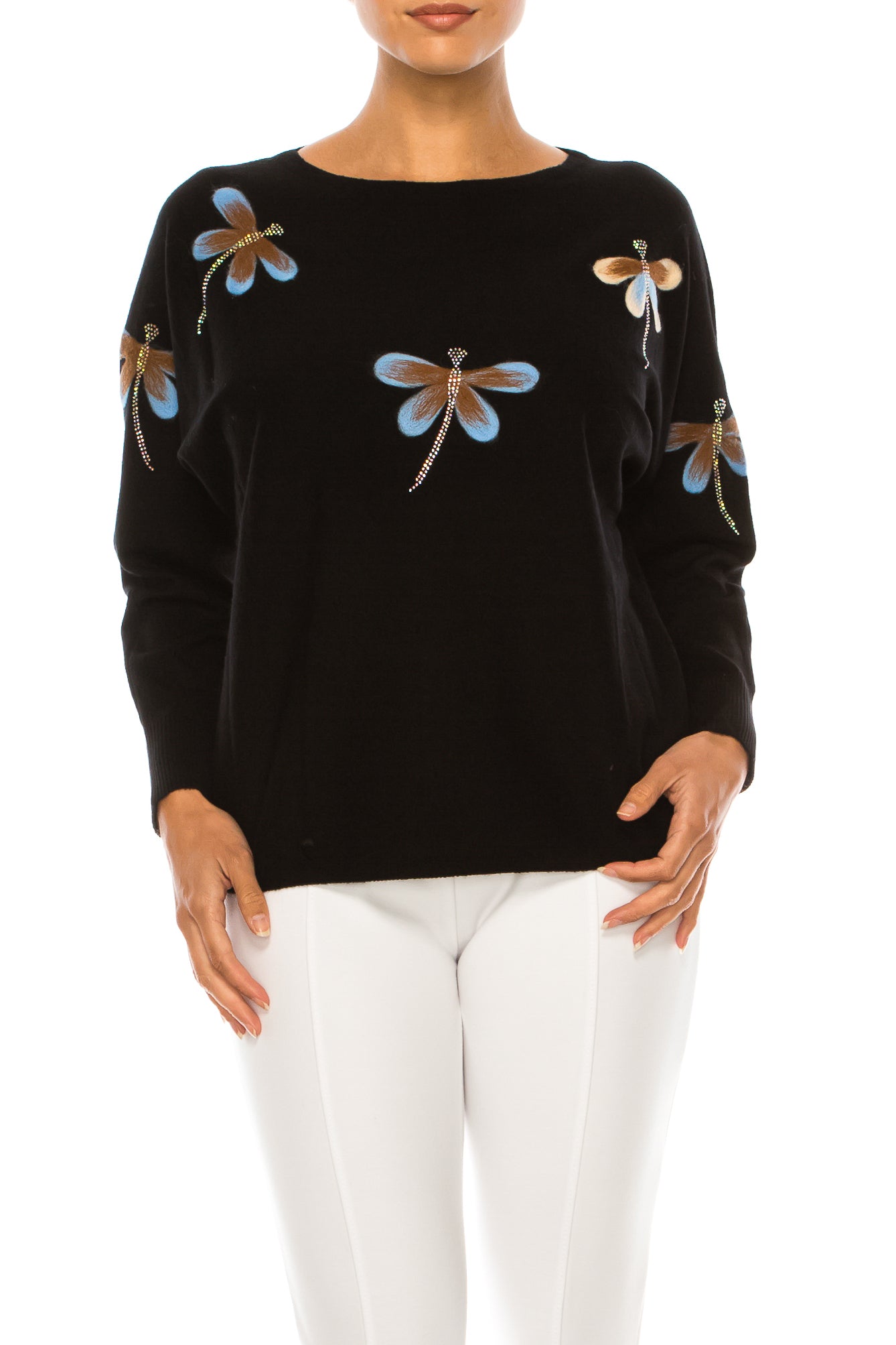Aaeda Long Sleeve Embellished Dragonfly Sweater