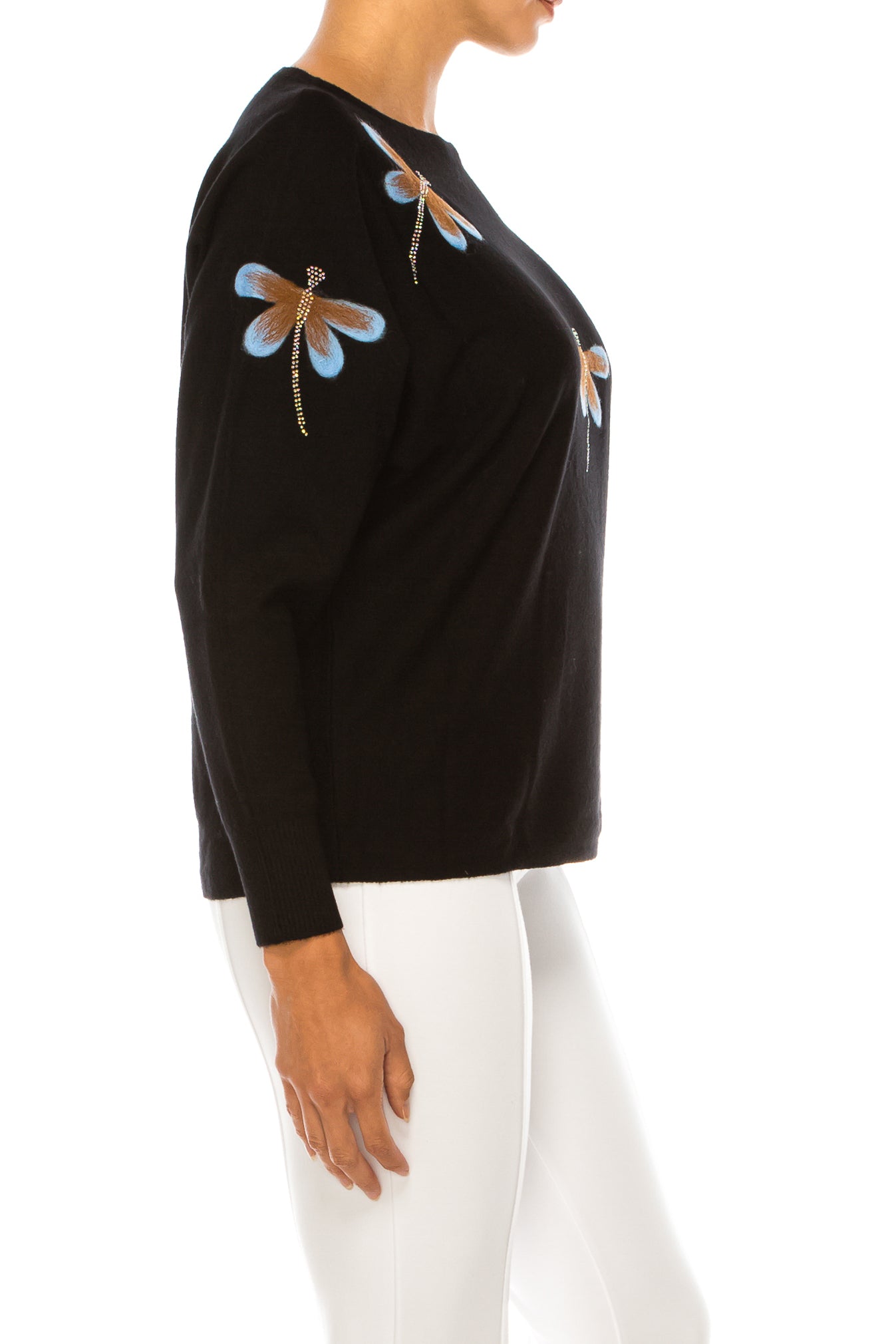 Aaeda Long Sleeve Embellished Dragonfly Sweater