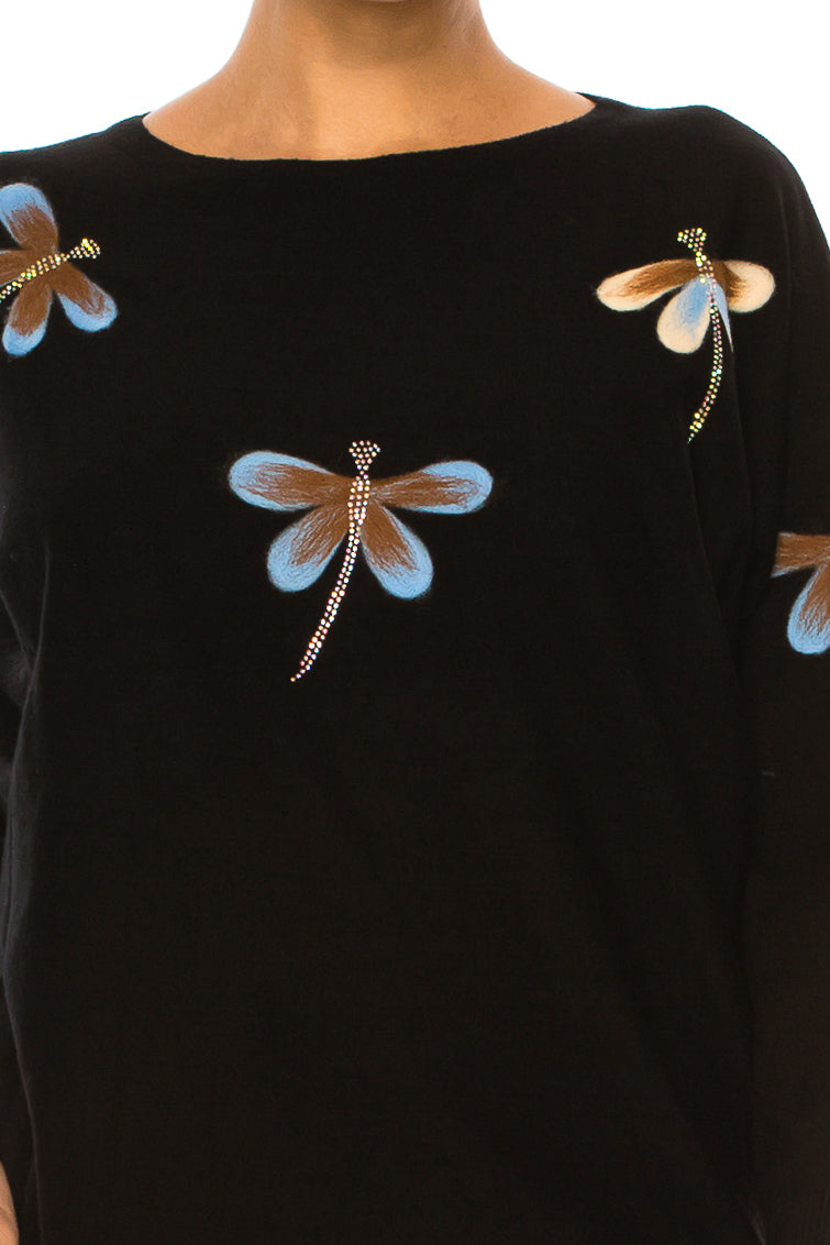 Aaeda Long Sleeve Embellished Dragonfly Sweater