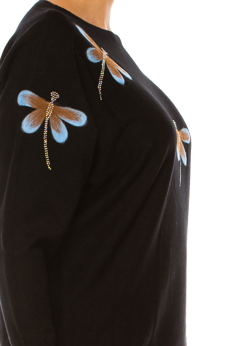 Aaeda Long Sleeve Embellished Dragonfly Sweater
