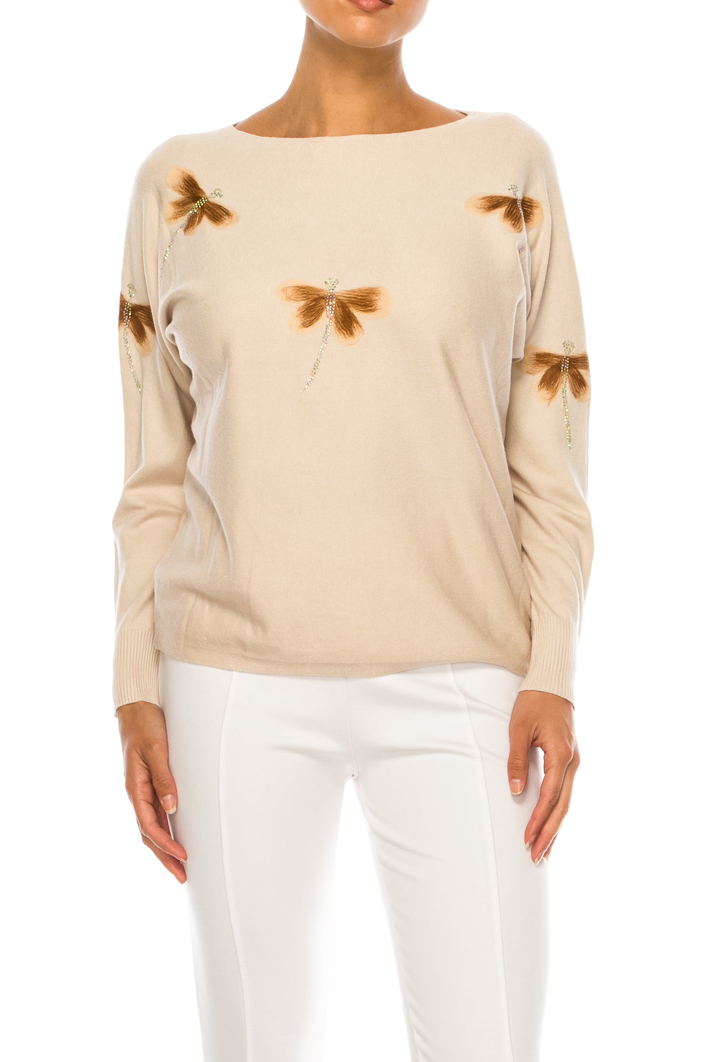Aaeda Long Sleeve Embellished Dragonfly Sweater