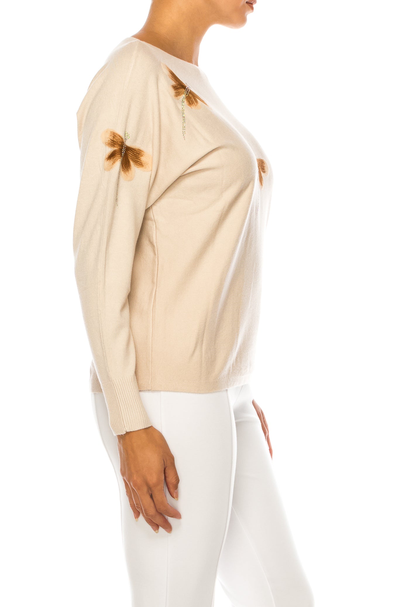 Aaeda Long Sleeve Embellished Dragonfly Sweater