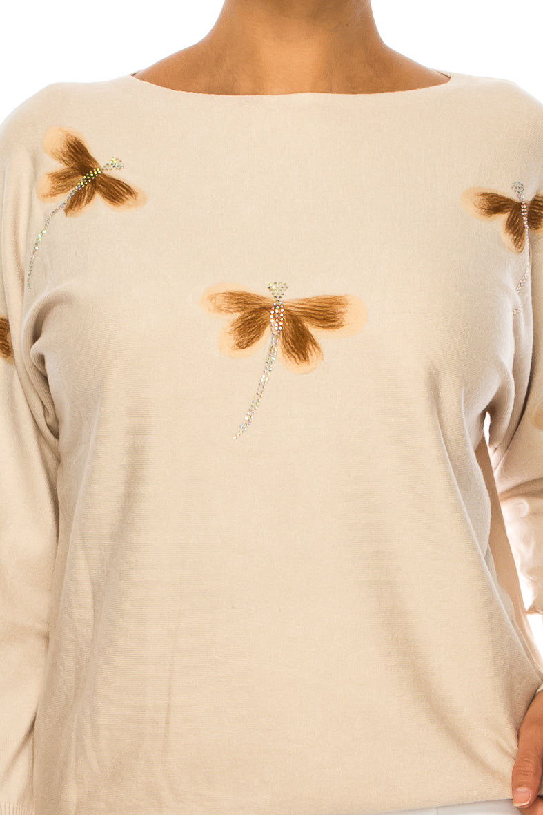 Aaeda Long Sleeve Embellished Dragonfly Sweater