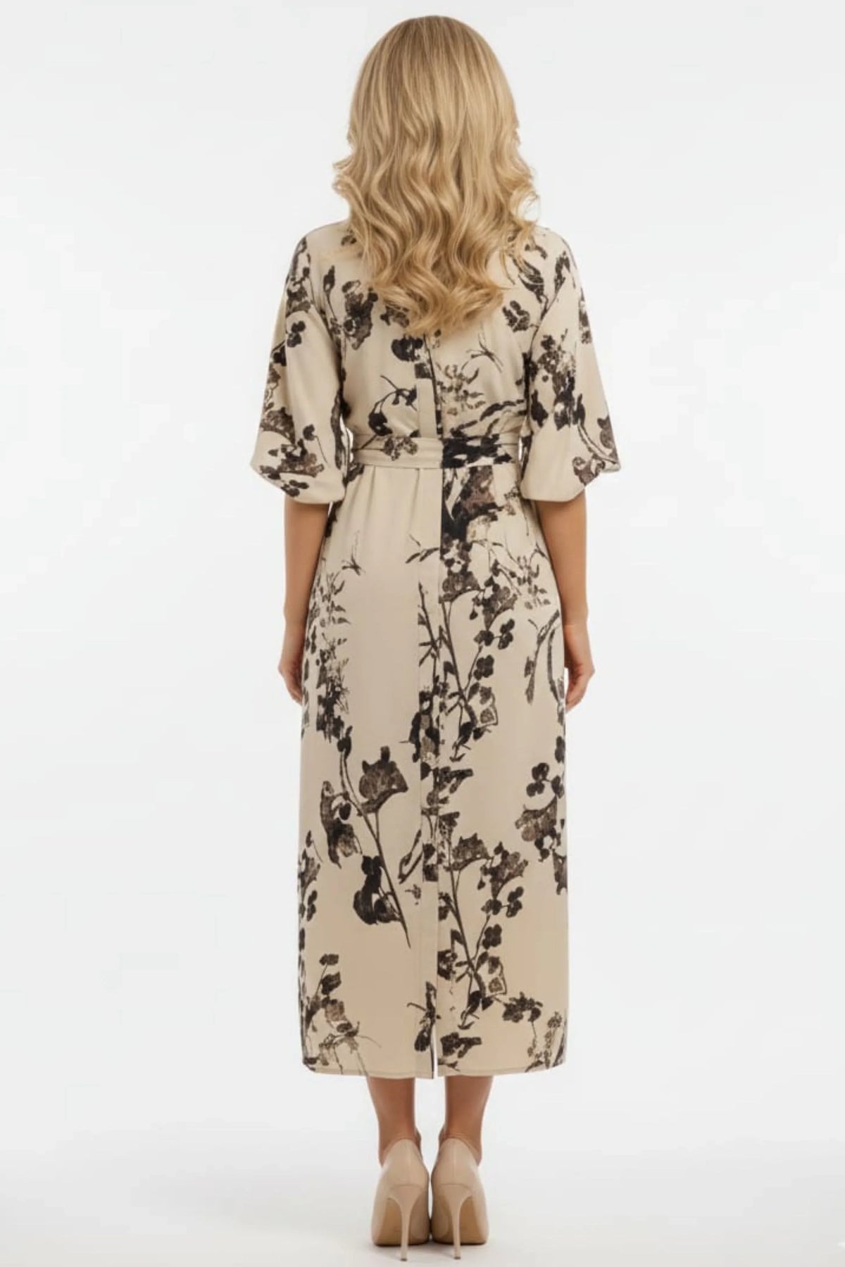 ABS Botanical Elegance Cream Black Floral Midi Shirt Dress