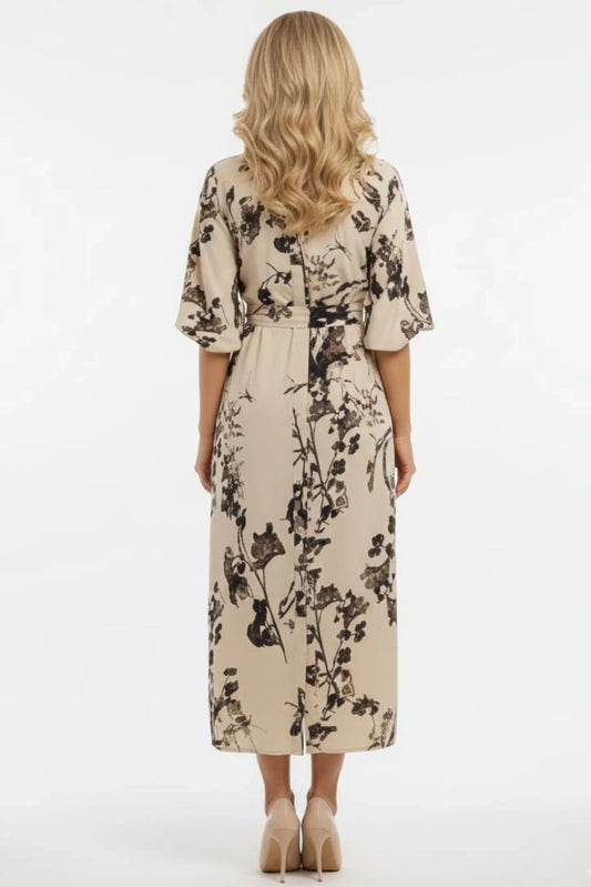 ABS Botanical Elegance Cream Black Floral Midi Shirt Dress