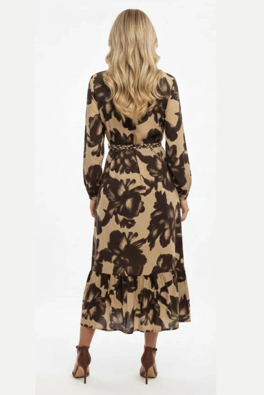 ABS Earthy Tiered Midi Cream Brown Floral Dress