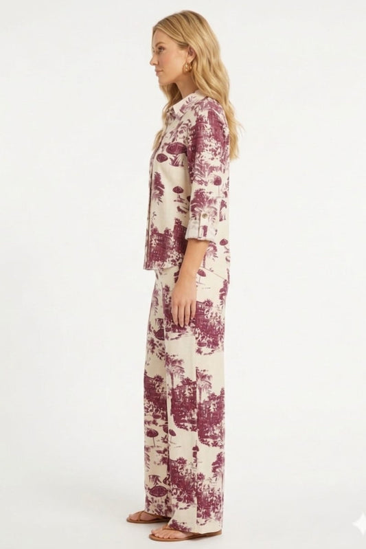 ABS Coastal Toile Linen-Blend Two-Piece Pant Set