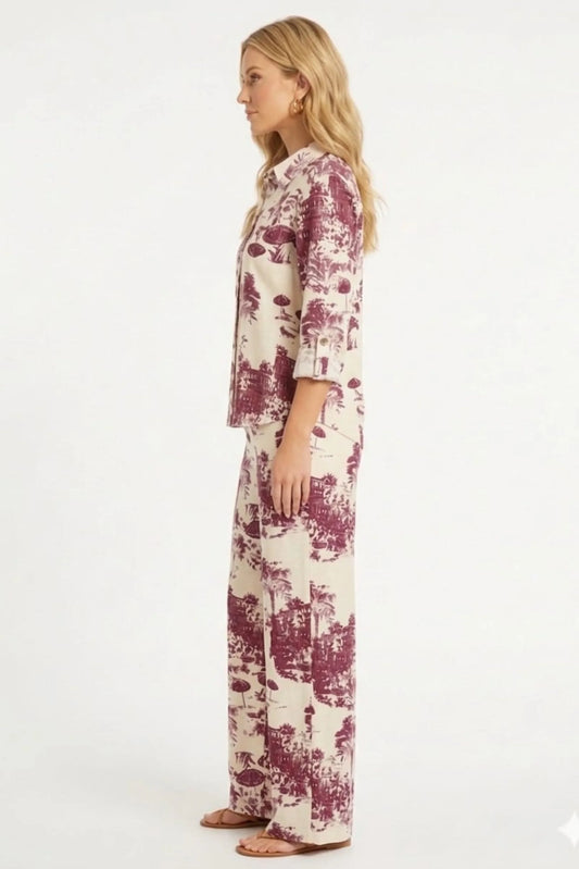 ABS Coastal Toile Linen-Blend Two-Piece Pant Set