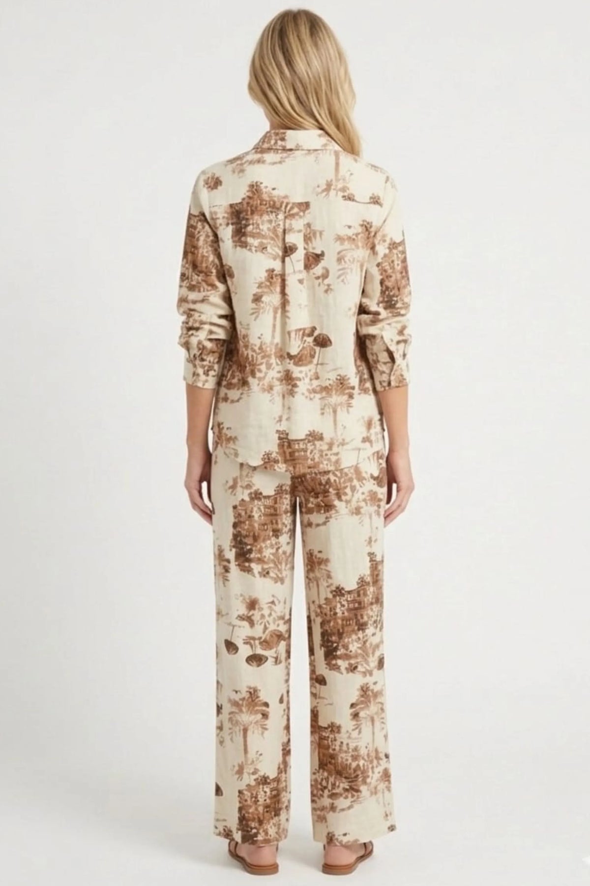 ABS Coastal Toile Linen-Blend Two-Piece Pant Set