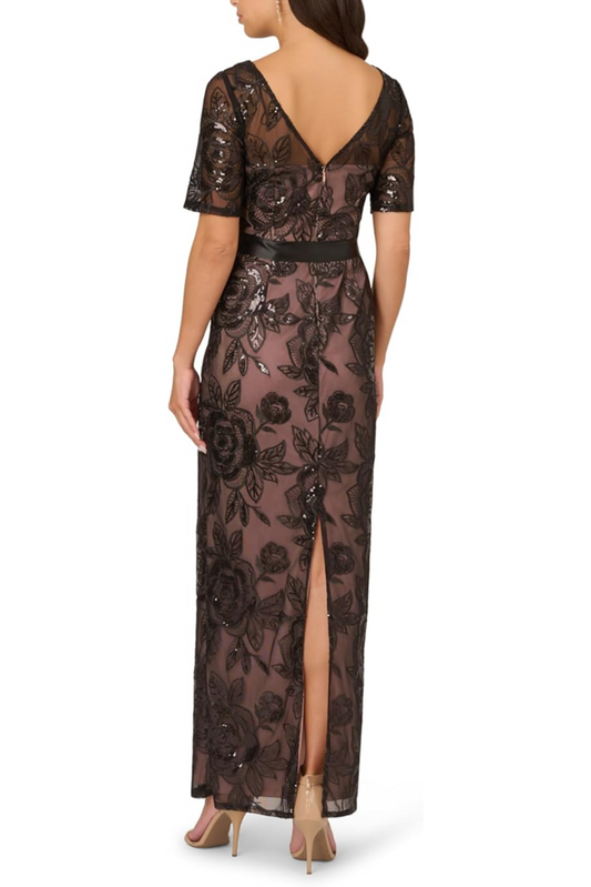 Adrianna Papell Black Nude Long Sheath Evening Dress
