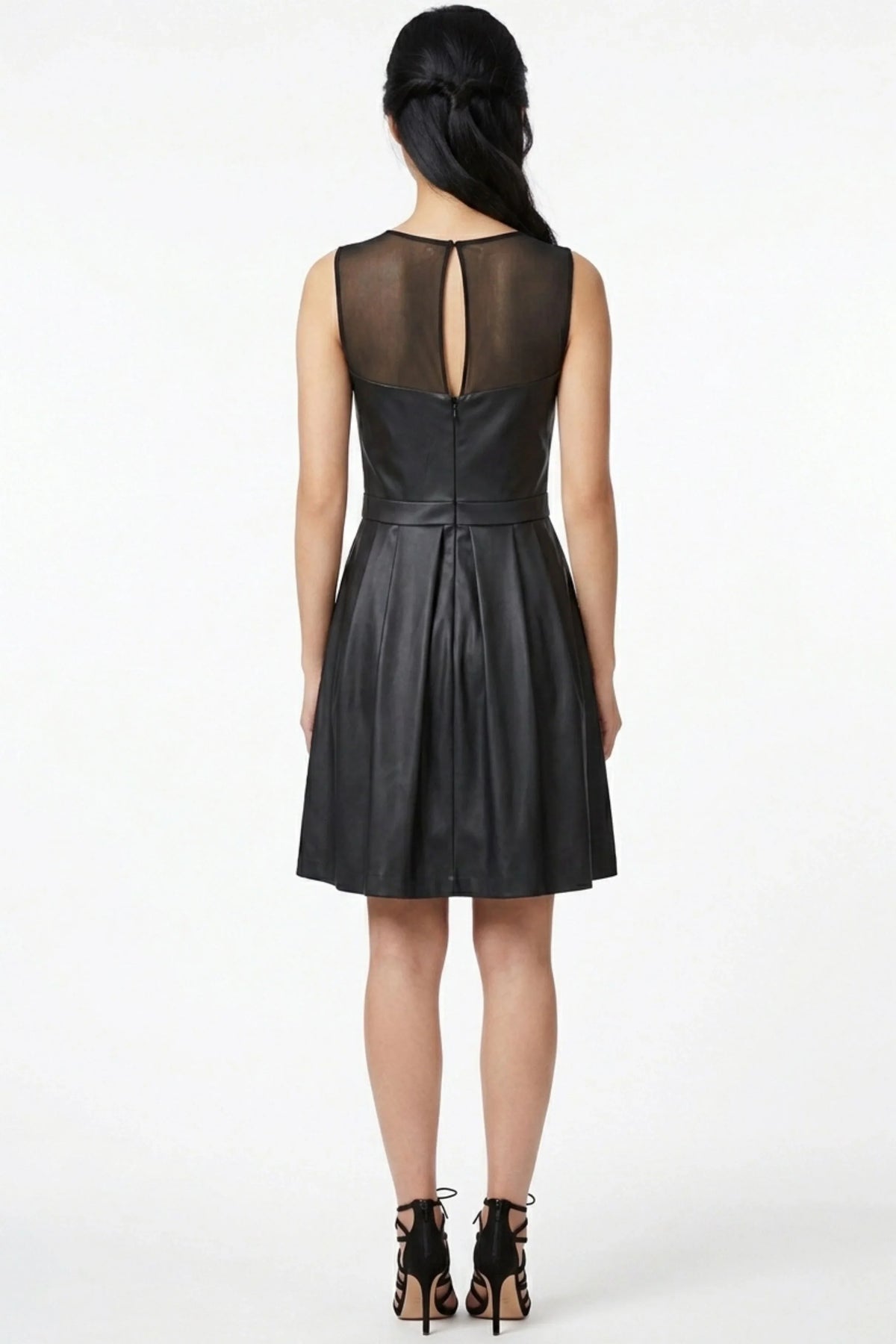 Ali Ro Black Illusion Mesh Faux-Leather Fit and Flare Party Dress