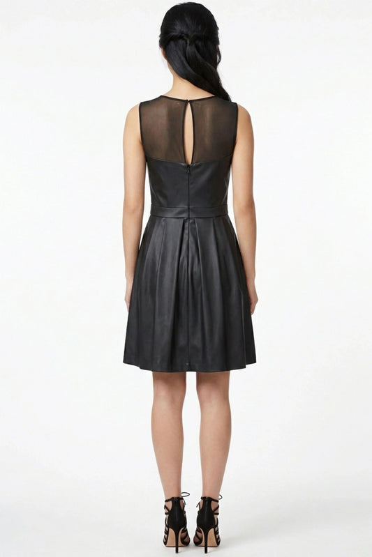 Ali Ro Black Illusion Mesh Faux-Leather Fit and Flare Party Dress