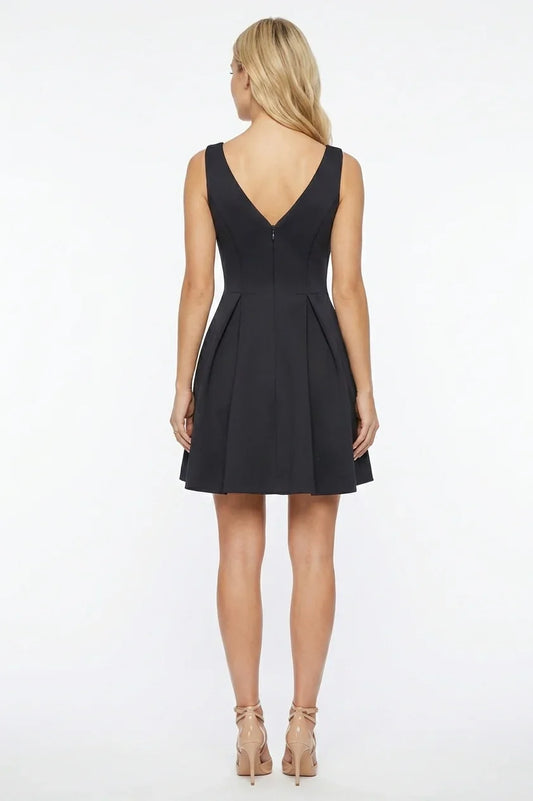 Ali Ro Navy Notch V-Neck Pleated Fit and Flare Party Dress