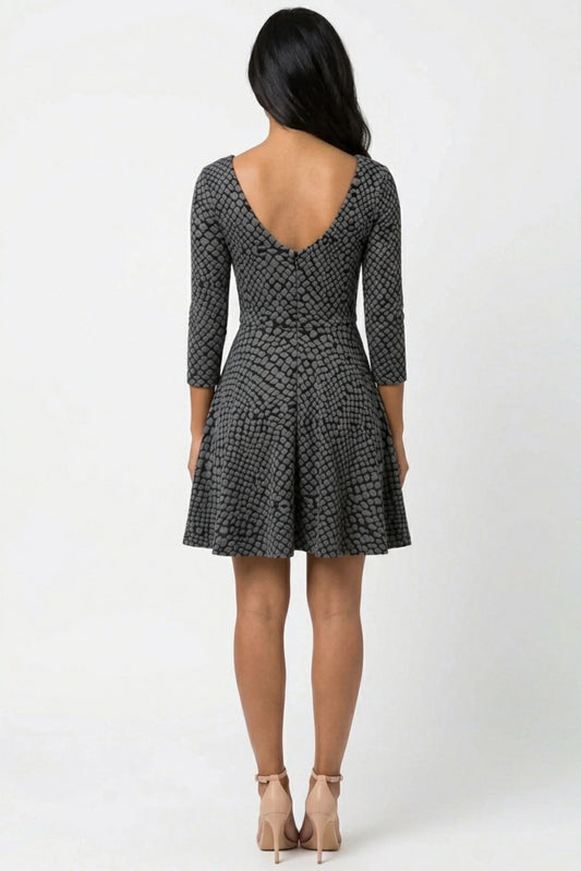 Ali Ro Grey & Black Snakeskin Print 3/4-Sleeve Fit and Flare Dress
