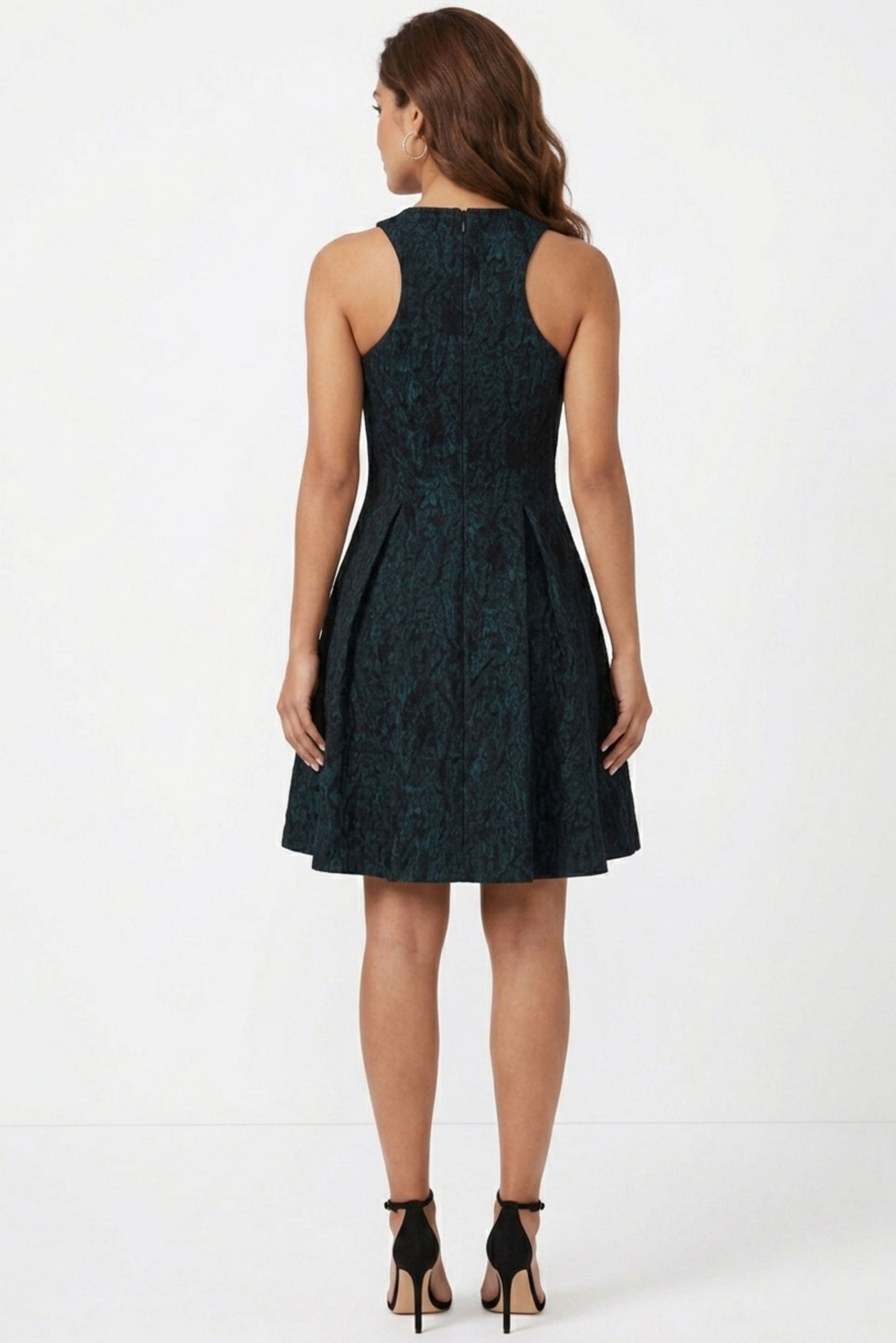 Ali Ro Teal & Black Jacquard Front-Zip Fit and Flare Party Dress