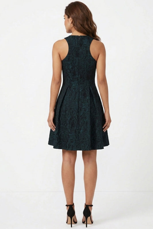 Ali Ro Teal & Black Jacquard Front-Zip Fit and Flare Party Dress