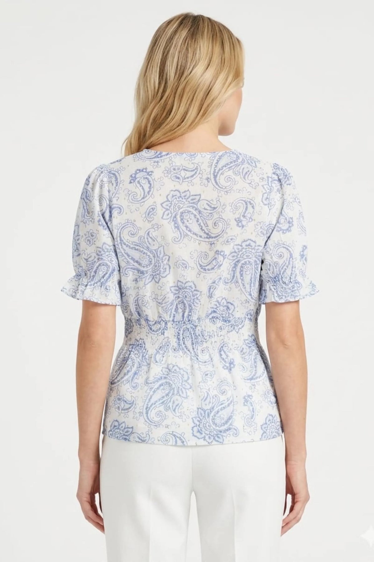 Alex & Parker Blue Paisley Smocked Faux-Wrap Day Top